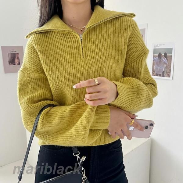 ニット セーター ハーフジップ プルオーバー ショート丈 トップス 長袖 パフスリーブ ハイネック Vネック レディース クロップド カジュアル 大人 かわいい ニット セーター ハーフジップ プルオーバー ショート丈