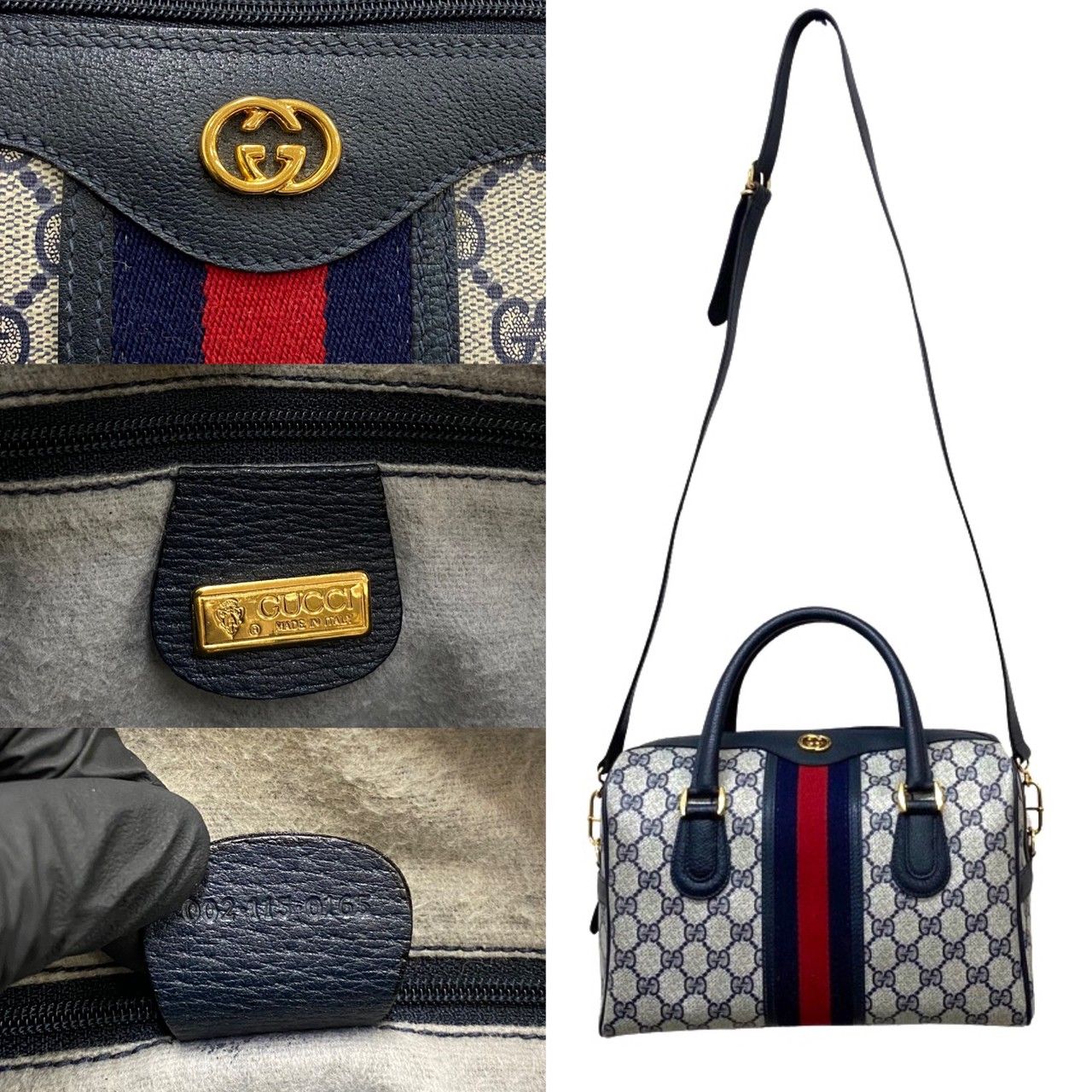 極 美品 GUCCI グッチ オールドグッチ ヴィンテージ シェリーライン GG レザー 2way ボストンバッグ ショルダーバッグ ネイビー  37072