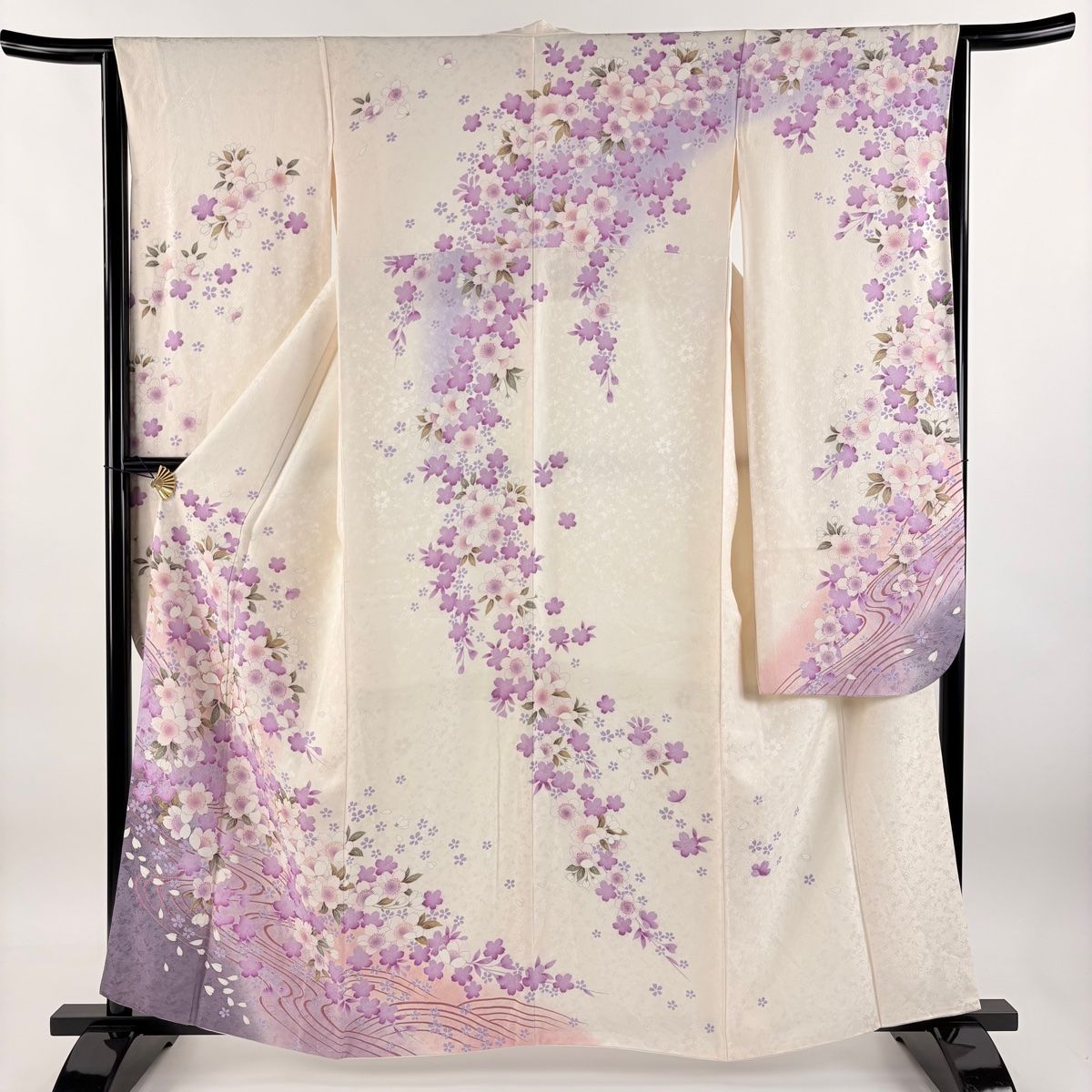 振袖 身丈160cm 裄丈63cm S 袷 桜 流水 金糸 ぼかし クリーム 正絹 名品