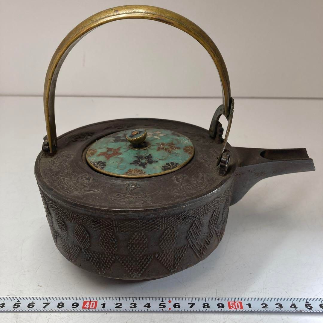逸品　鉄味最高　古鉄　平安省鋳堂　蓋物　小物入れ　明治金工　和骨董 本物 七宝蓋付 彫金 銚子 1182g /幅20㎝ 東Y5-0622①タニチ 七宝蓋付