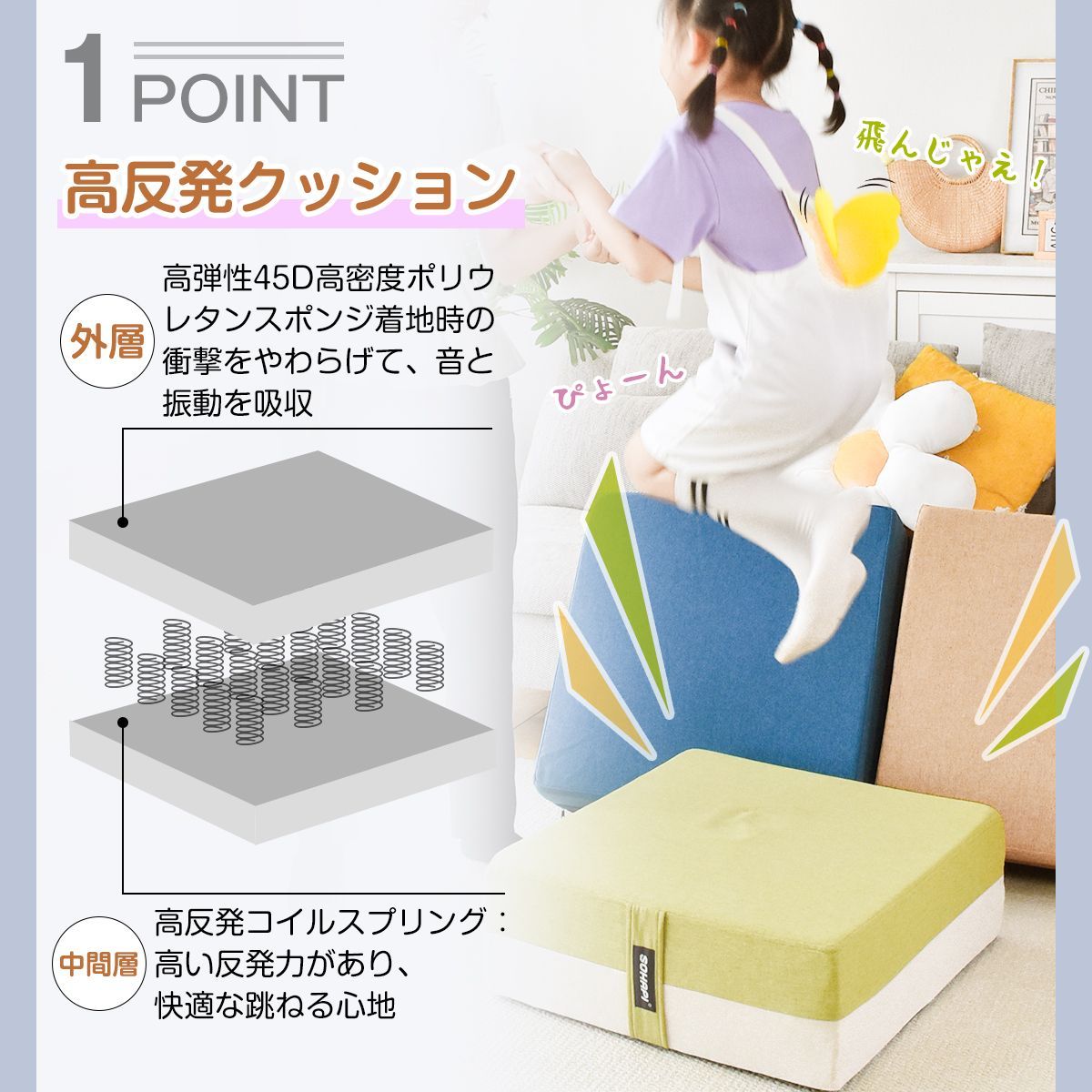 奇跡 トランポリン クッション 65x65cm 大型 高反発 室内用 こども用 大人用 静音自宅用 家庭用 ミニトランポリン エクササイズ トレーニング ダイエット滑り止め加工 愛着