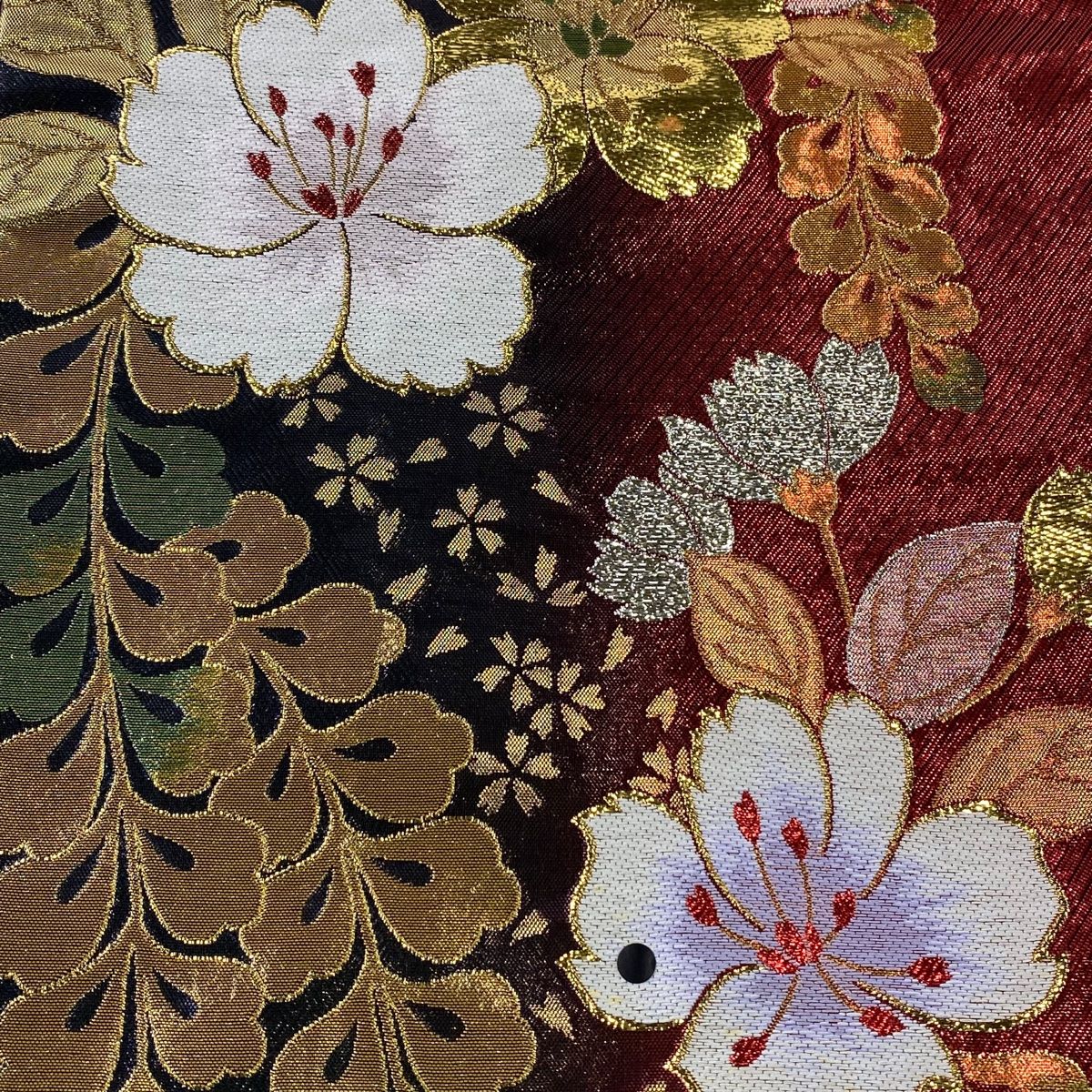 美品 袋帯 秀品 振袖向き 七宝繋ぎ 花菱 金銀糸 箔 黒 六通