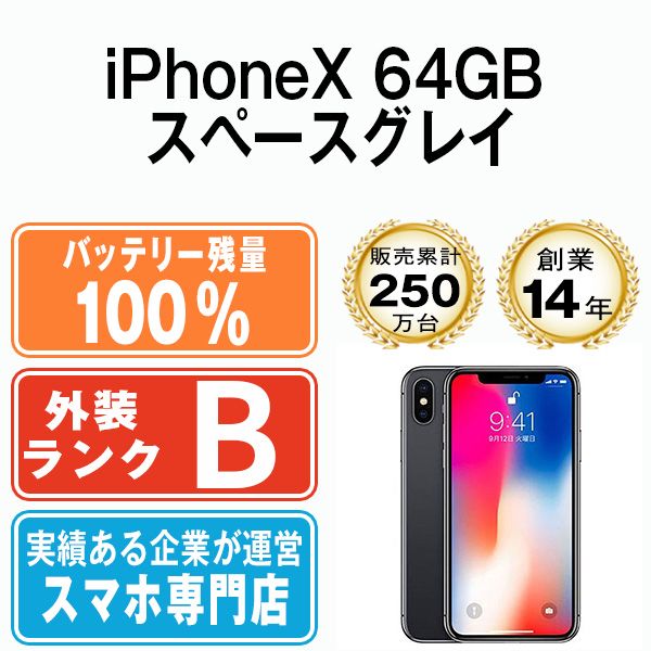 バッテリー100% 【中古】 iPhoneX 64GB スペースグレイ SIMフリー 本体 ...