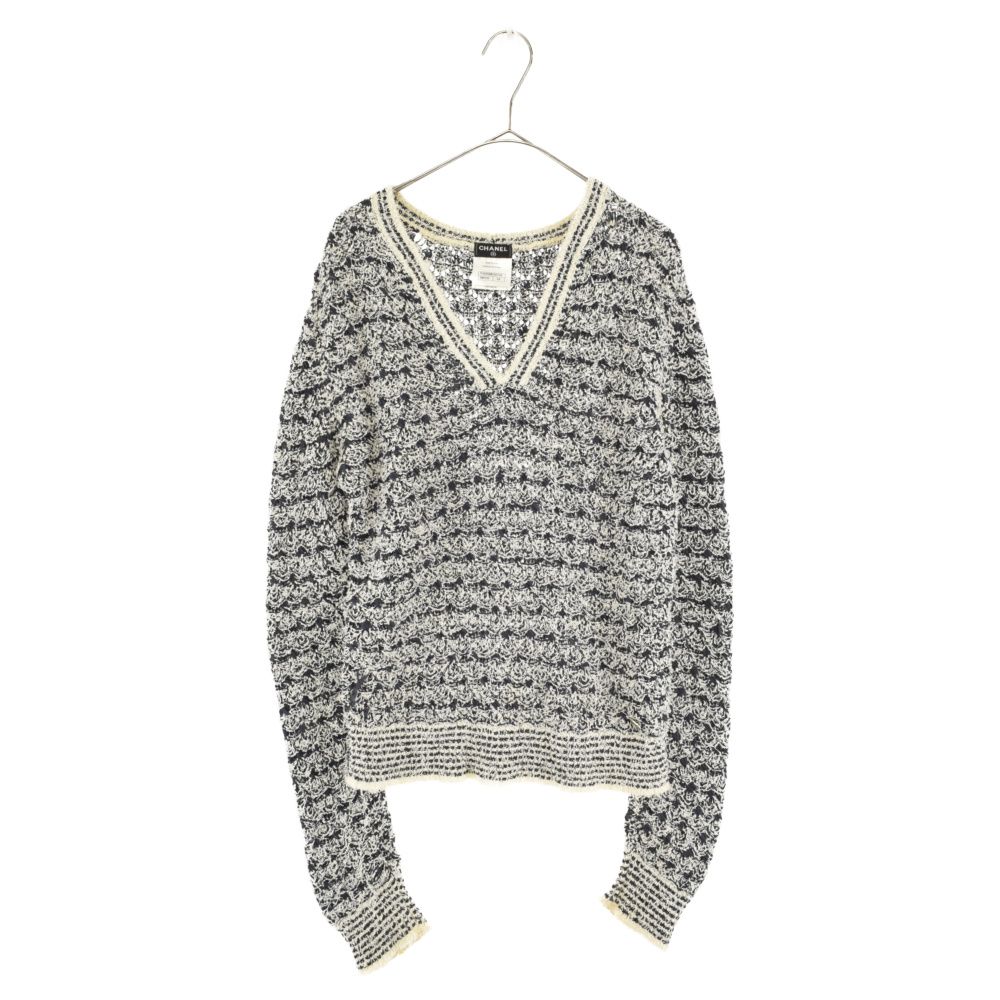 美品！！CHANEL　ツイードニット　セーター　ココマーク　黒白　イタリア　38 美品☆CHANEL ツイードニット セーター ココマーク 黒白 イタリア 38