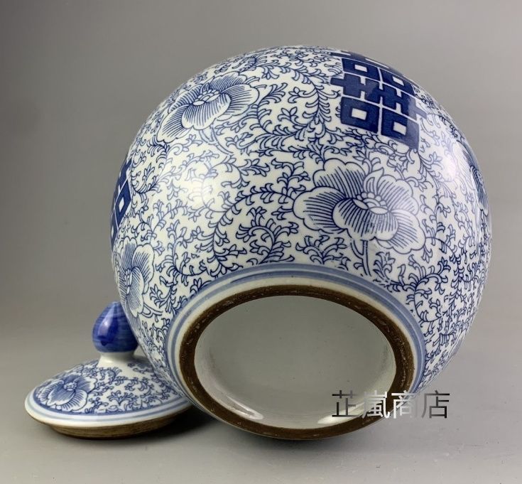 青花 喜字丸缶お 茶の缶 陶磁器 装飾品 現代工芸品美術品 置物 青花 喜字丸缶お 茶の缶 陶磁器 装飾品 現代工芸品美術品 置物