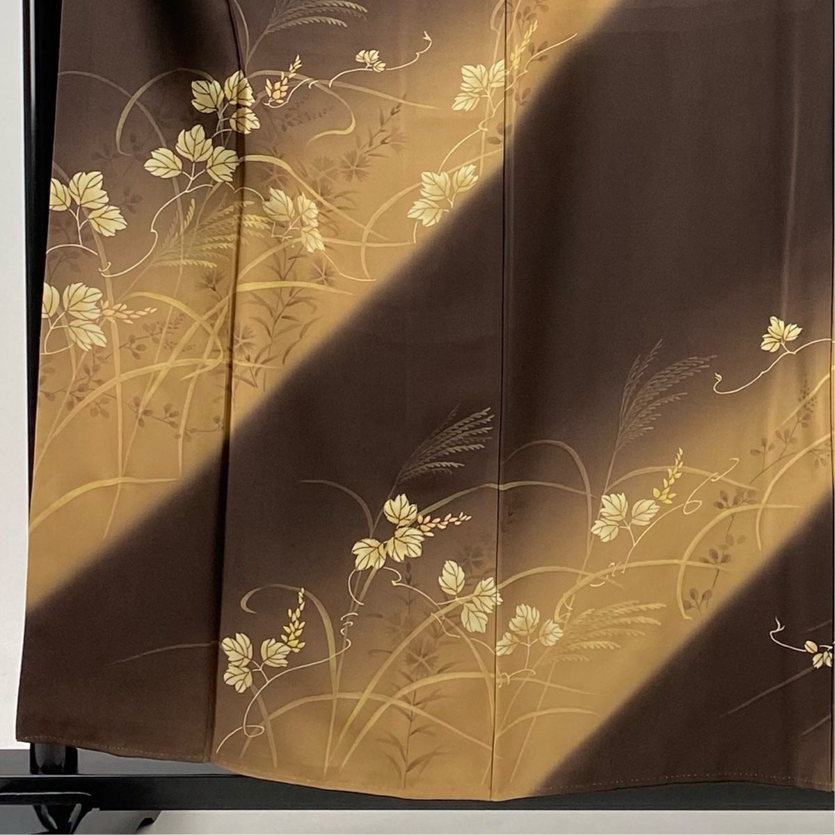 訪問着 身丈157cm 裄丈65.5cm M 袷 蔦 ススキ 金糸 金彩 焦茶色 正絹 秀品