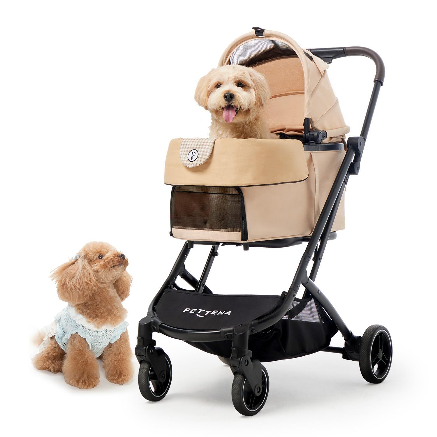 PETTENA ORION ベージュ 犬ベビーカー 猫 お出かけ用 犬バギー 軽量 自立 広い空間 キャリーコット付ワンタッチ折り畳み X-FOLD 技術 耐荷重25kg 犬カート 分離型 小型犬 ペットカート 最新の1秒コット付折り畳み PETTE