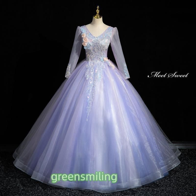 ドレス プリンセスライン ロングドレス パープル 紫 長袖 Vネック 花 ウェディングドレス 結婚式 二次会 花嫁 前撮り 演奏会 発表会