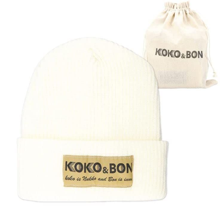 ホワイト_Free Size [KOKO＆BON] ニット帽 ニットキャップ ビーニー レディース ホワイト 白 フリーサイズ 無地 ロゴ入り 巾着おまけ付き 帽子