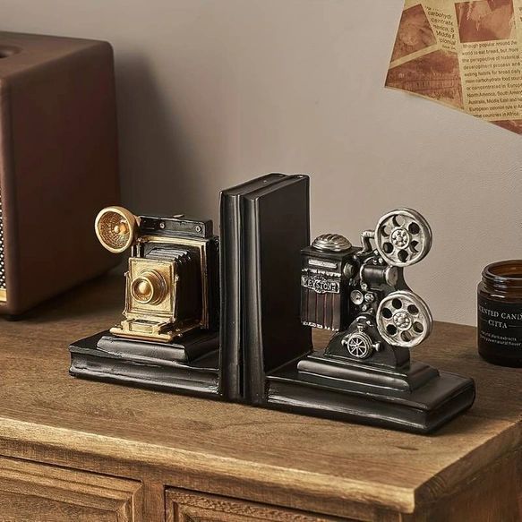 レトロ ブックエンド 映写機＆カメラセット ヴィンテージ風 本立て