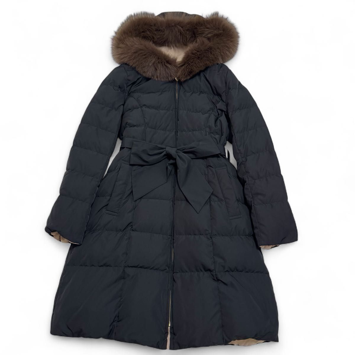 リバーシブル Apuweiser-riche アプワイザーリッシェ ダウン ロング コート ファー 脱着可 ベルトリボン ブラック BLACK 黒 ベージュ beige Aライン 2