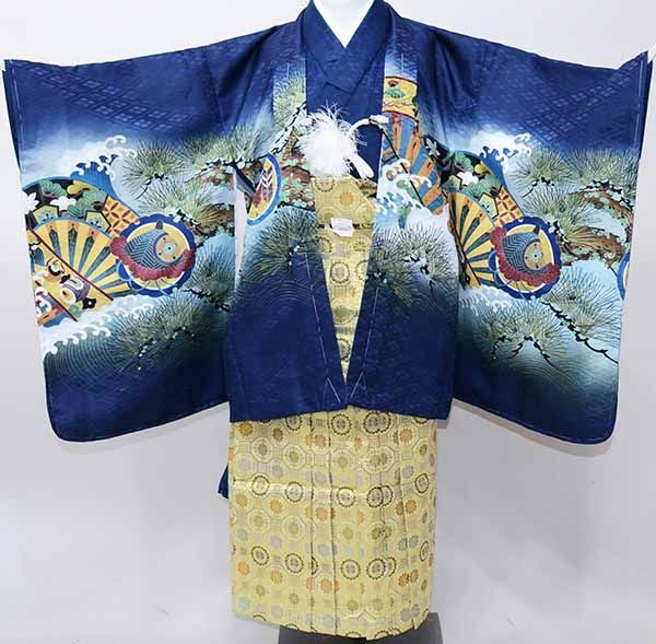 七五三 五歳 男児 着物 羽織袴フルセット 金刺繍 紺地 兜 綸子地 紋袴