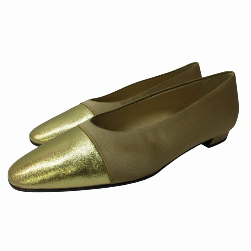 プラダ PRADA パンプス フラットシューズ アーモンドトゥ トゥ切替 ゴールドベージュ系 37 約23.5cm相当 0429