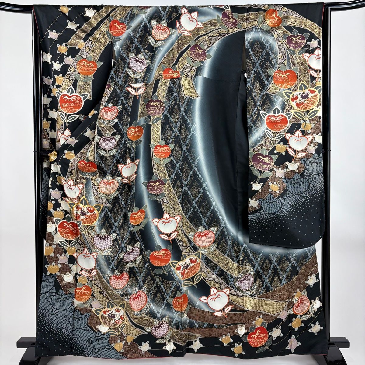 振袖 身丈163cm 裄丈66cm M 袷 橘 亀甲 金糸 金彩 黒 正絹