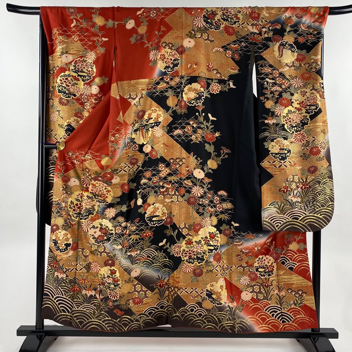 wasou ファッション 美品 振袖 深い黄緑 扇面 鶴 花文 雪輪 金彩加工 金