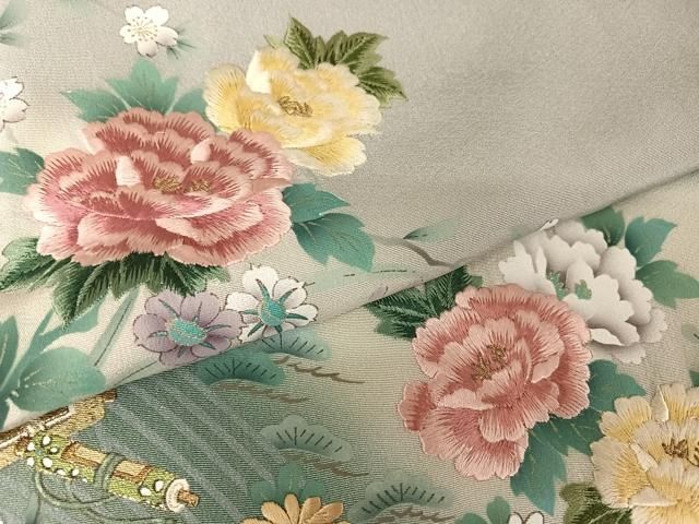 平和屋着物●英王室献上友禅作家　木下勝功　色無地　横段吉祥花地紋　藍鉄色　正絹　逸品　AABH4636ck 平和屋着物○英王室献上友禅作家 木下勝功 中国三大刺繍 スワトウ刺繍