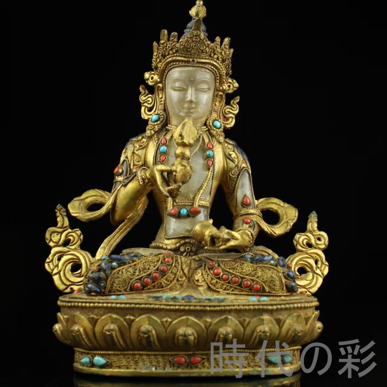 中国古美術 旧蔵 チベット 西藏寺院 水晶 金メッキ銅嵌 宝石 金剛さだ佛 骨董品 古玩 細工 古賞物 置物 時代物 収集 古美味 旧家蔵出 R07100340