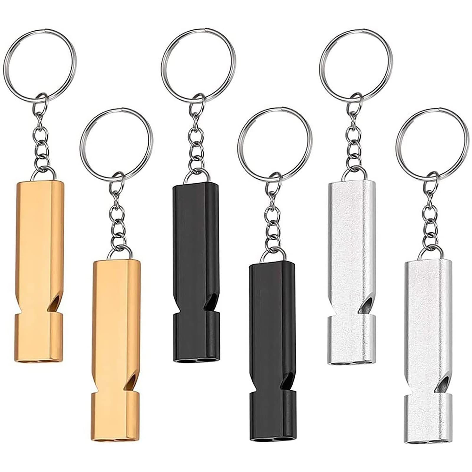 SHULLIN 6 個 ミニホイッスル デカ音緊急ホイッスル 防災 口笛 アルミ製 ホイッスル 救助笛 緊急 笛 キーホルダー付 アルミ製 笛 大音量 SOS 防災 スポーツ 登山 ハイキング レフェリー 黒 金 銀