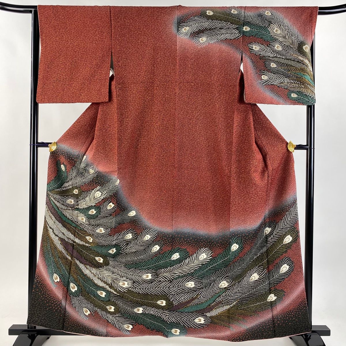 訪問着 身丈161cm 裄丈65cm M 袷 孔雀の羽 金通し 絞り えんじ色 正絹 秀品