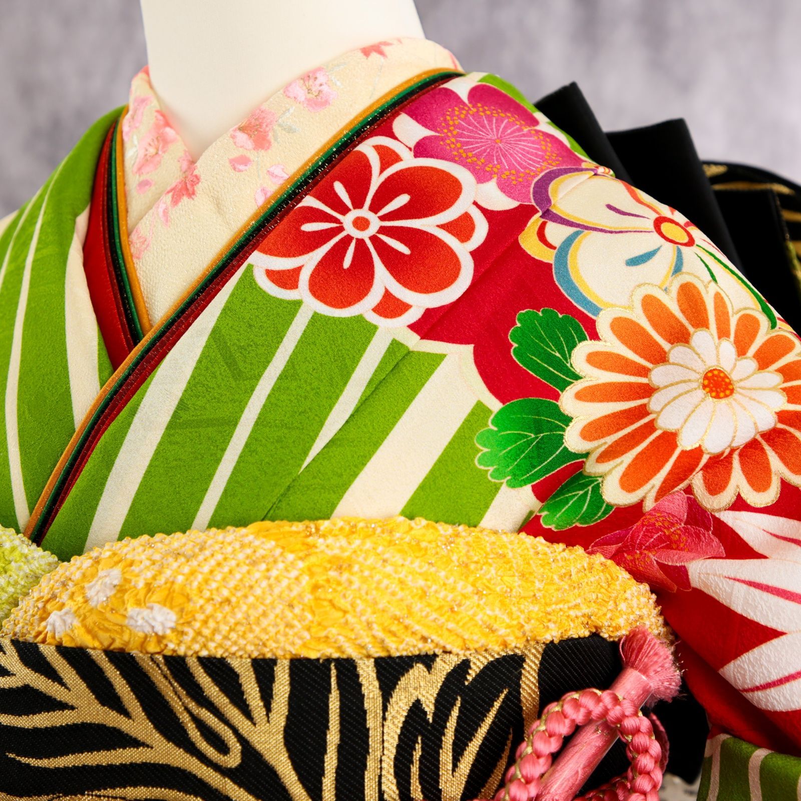 振袖フルセット 振袖セット 振袖 Lサイズ 中古 緑×レトロ 美品