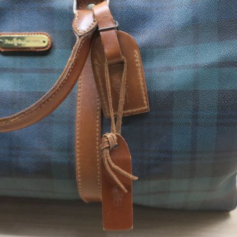 ヴィンテージ POLO RALPH LAUREN ラルフローレン ボストンバッグ チェックレザー ブラシ付き 2WAY グリーン系