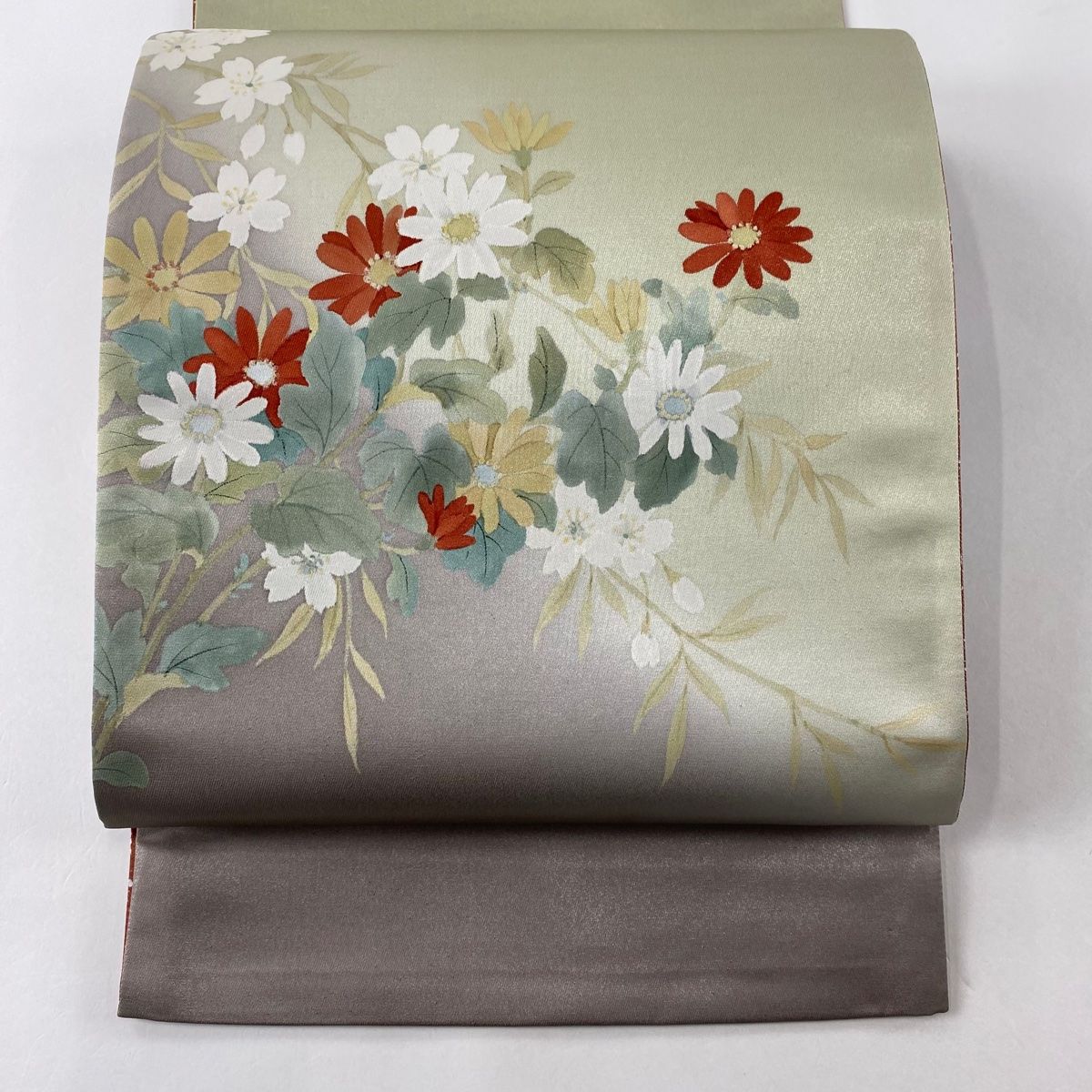 バイセル 着物 美品 名品 袋帯 緑 二代目清次郎 牡丹 草花 ぼかし 箔 お太鼓柄 正絹 ☆☆☆☆ 小紋 身丈158cm 裄丈63.5cm S 袷 二代目清次郎 落款あり 桜 はなびら