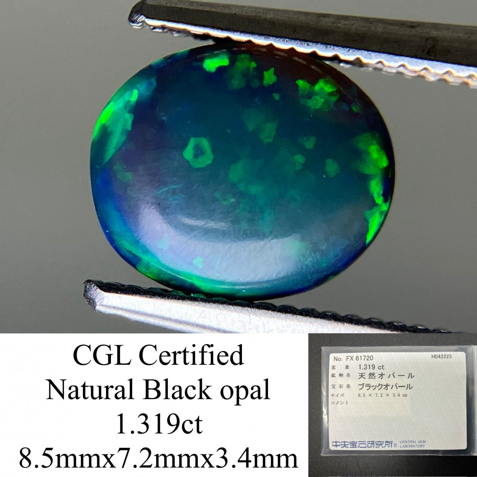 ブラックオパール 1.319ct 中央宝石ソーティング付き 8.5㎜×7.2㎜×3.4㎜ 天然 ルース 裸石 4750YY