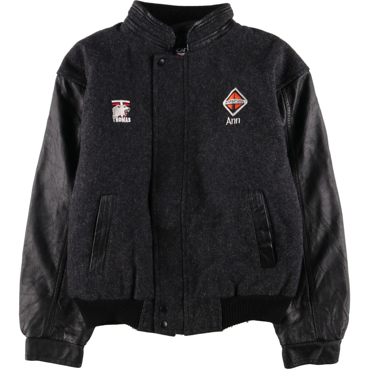 90s CANADA sportswear 袖レザー オールブラック だまっ スタジャン