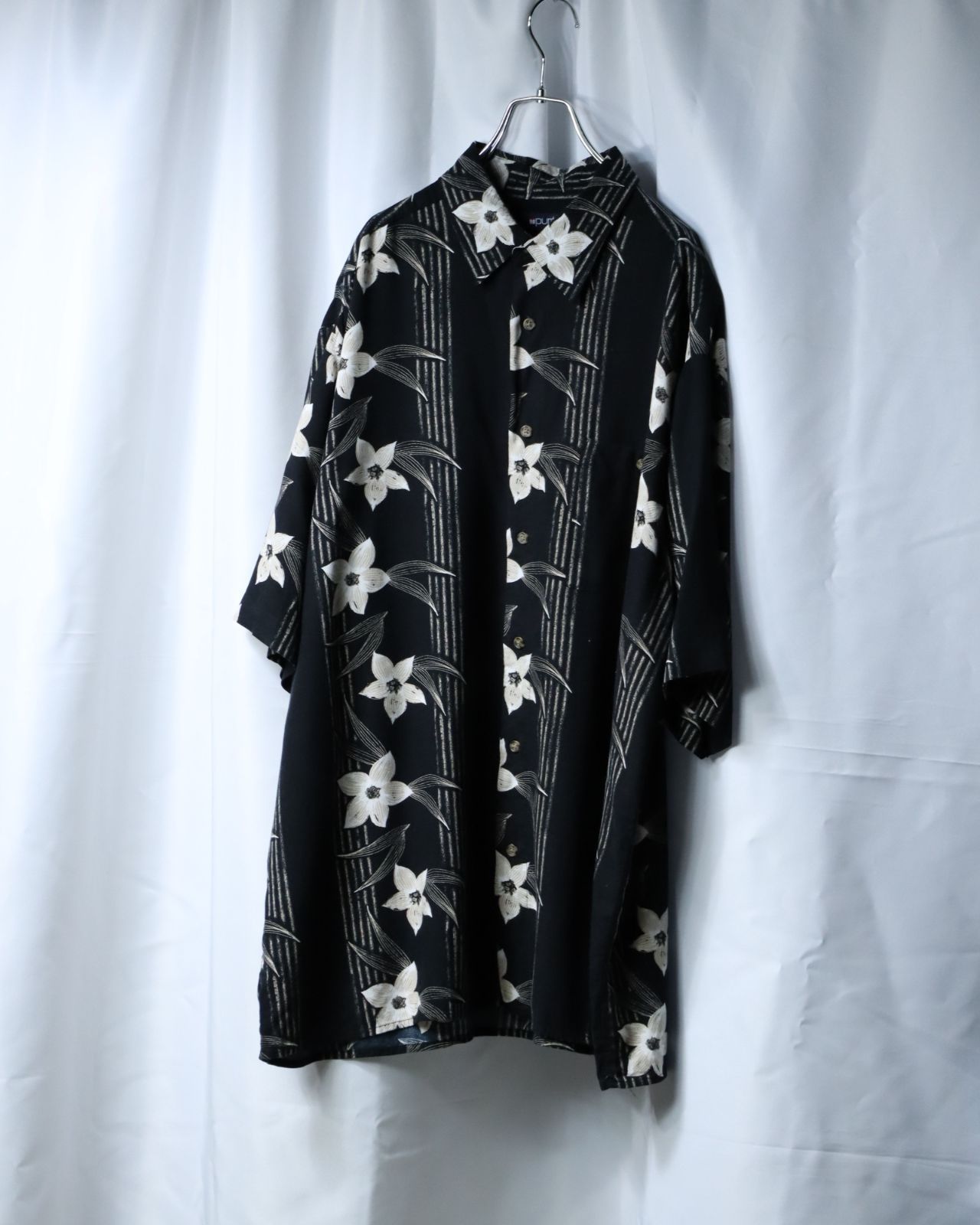 1990s puritan monotone flower art oversized s/s shirt 90年代 ピューリタン フラワー アート 総柄 オーバーサイズ レーヨン 半袖 シャツ 黒 ブラック XL