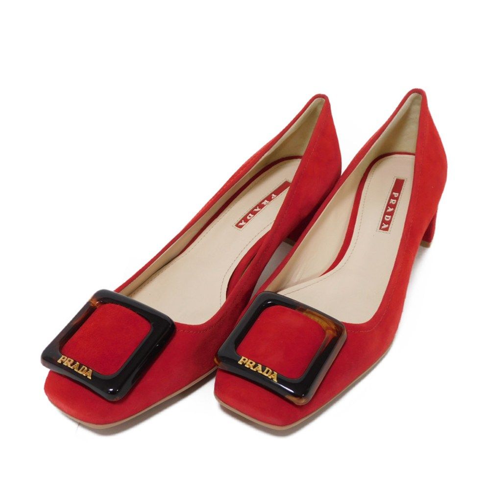 PRADA プラダ ポインテッド トゥ バックル スエード 36 ハバナ デミ柄  