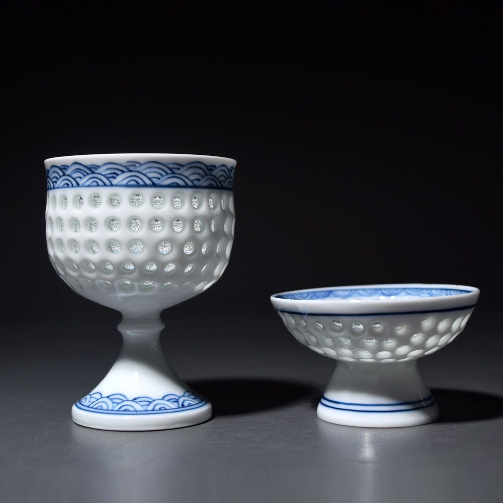 波佐見焼 水晶彫 丹心窯 水晶青海波 高台小鉢 デザートカップ ぐい吞み 和食器 日本製