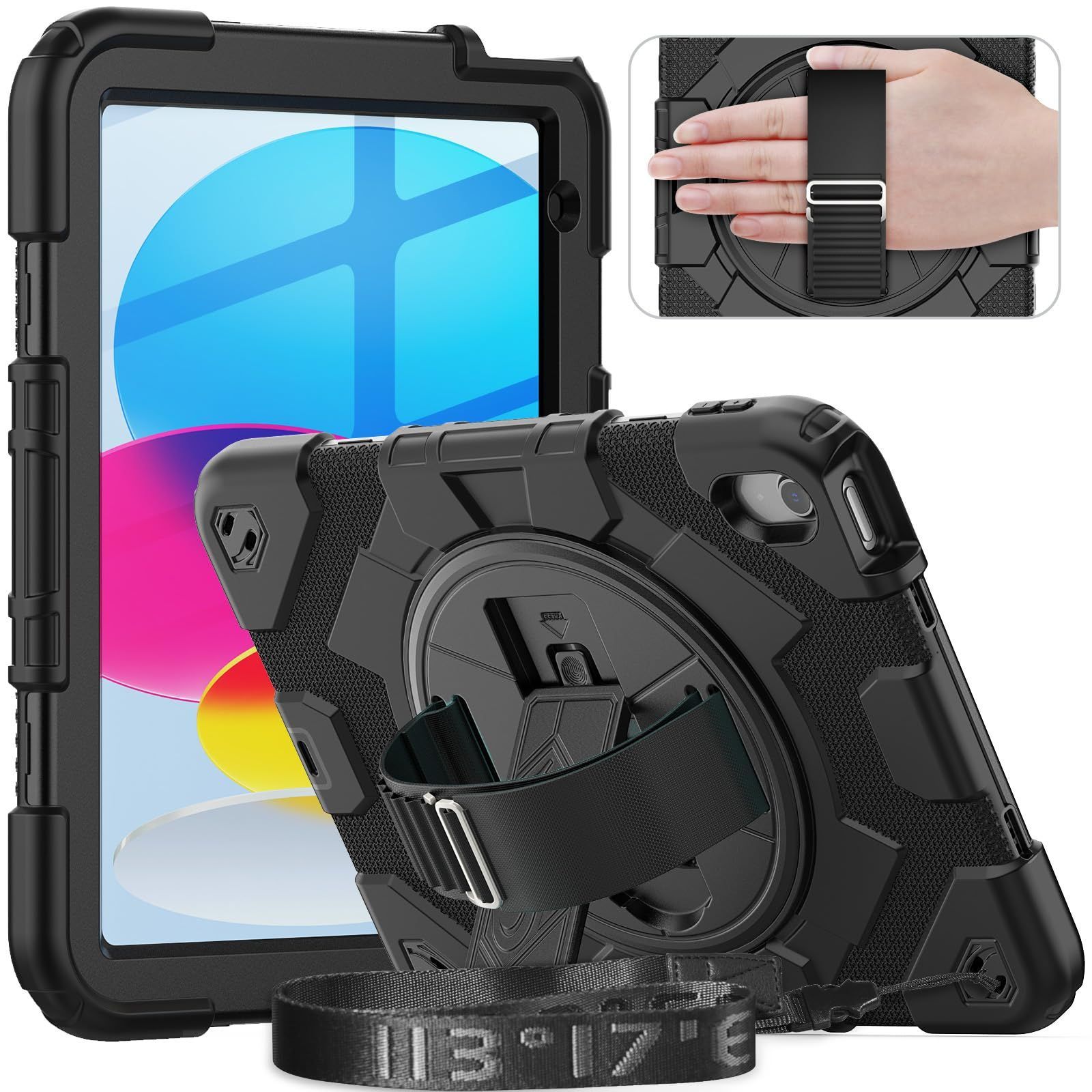 【新着商品】ケース ケース ケース ケース 第十世代 iPad iPad iPad 三層保護 (ブラック+ブラック) 耐久性がある 頑丈 TPU ハンド＆ショルダーストラップ ペン収納 保護フィルム付き 360回転スタン