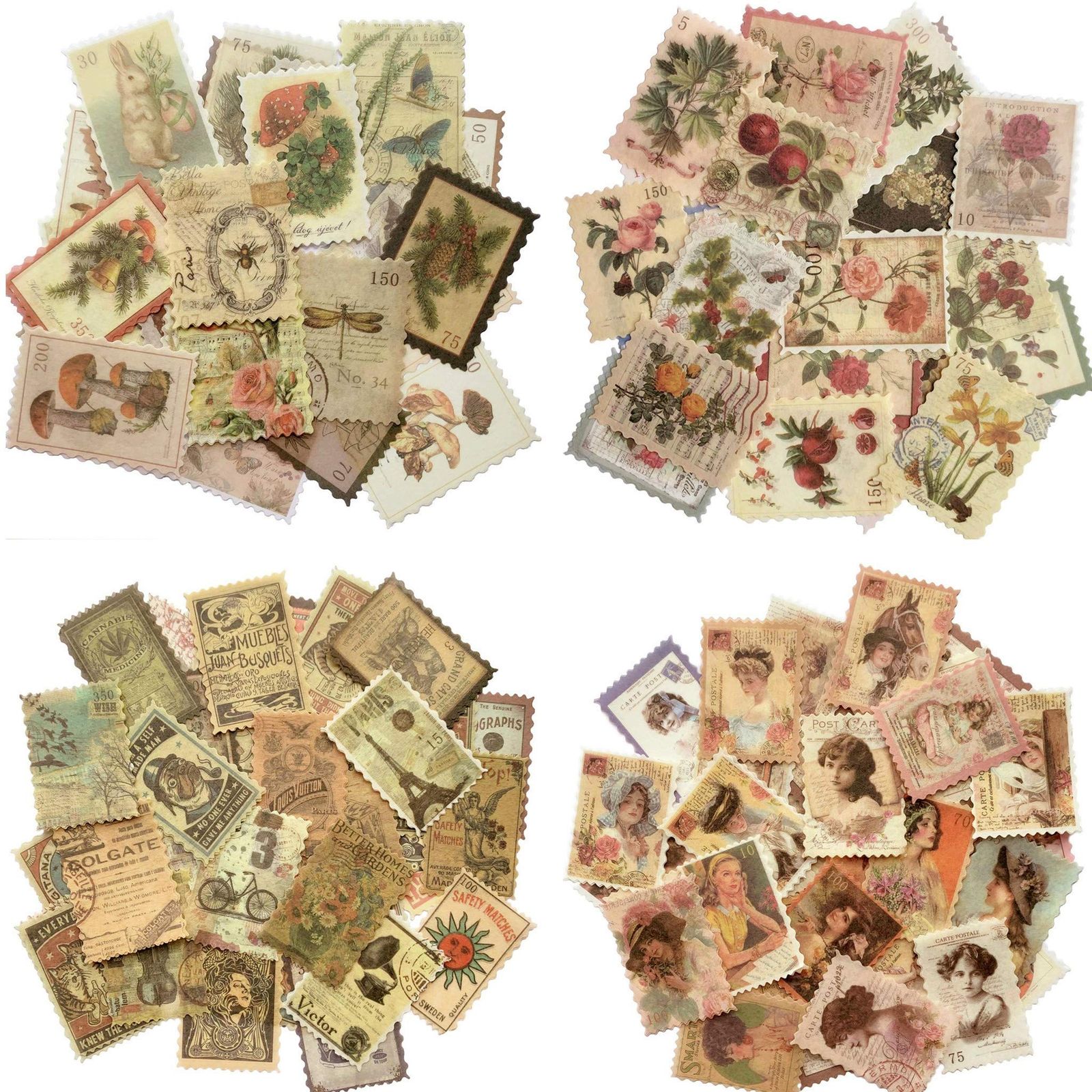 Cotrida 240pcs Vintage Postage Stamp Stickers， Aesthetic Botanical Deco Paper Sticker for Scrapbooking， Journaling Supplies， Plan 