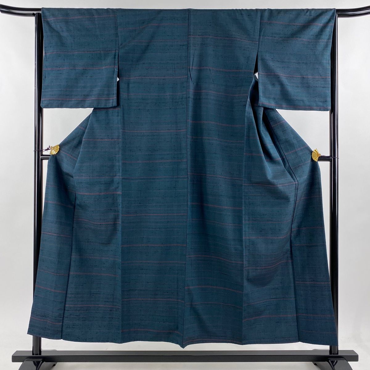 紬 身丈153.5cm 裄丈64cm M 単衣 横縞 青緑 正絹 逸品 【中古】 