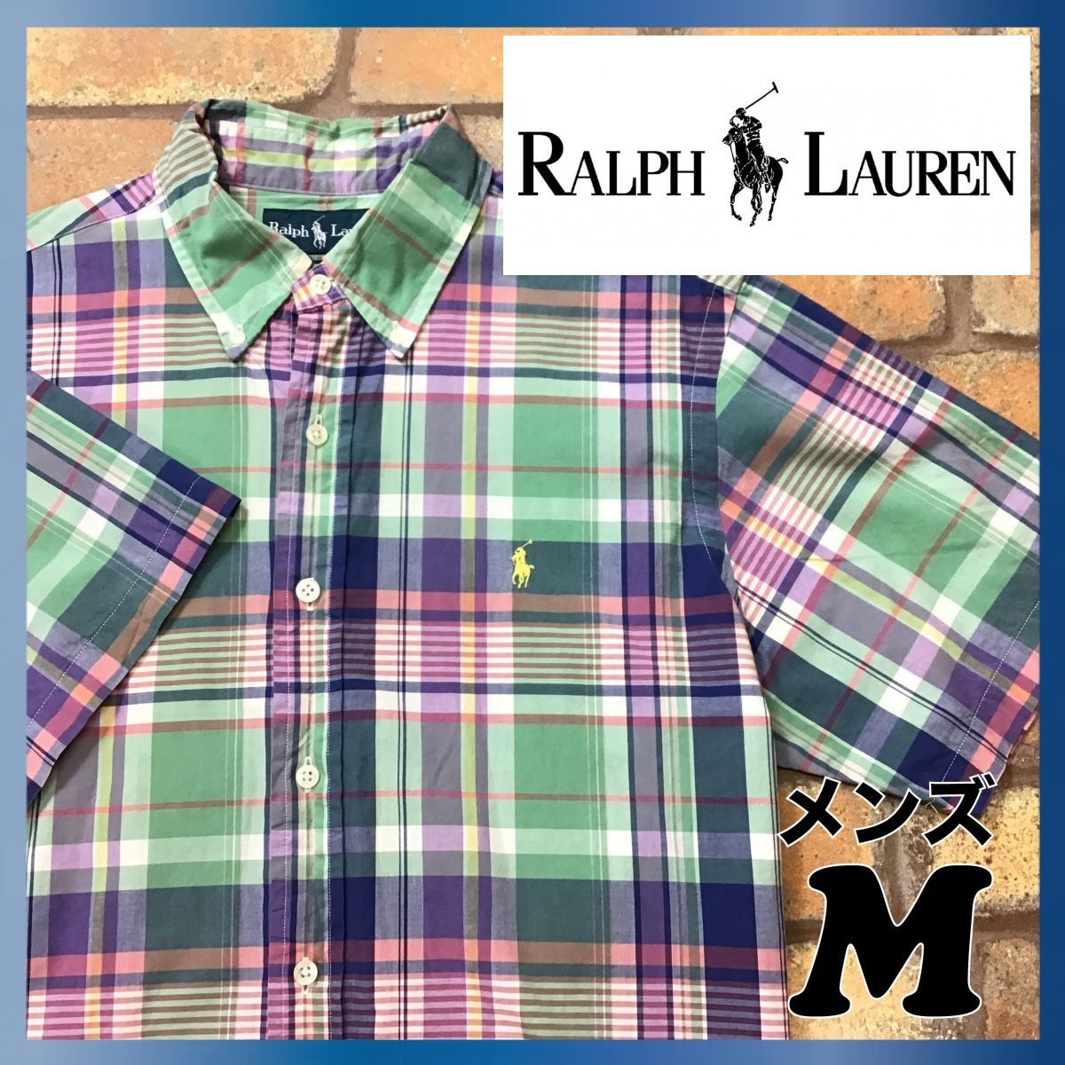 ME2-353◆USA買付◆正規品◆好配色【Ralph Lauren ラルフローレン】マドラスチェック 半袖 コットンBDシャツ【メンズ M】緑 紫  古着