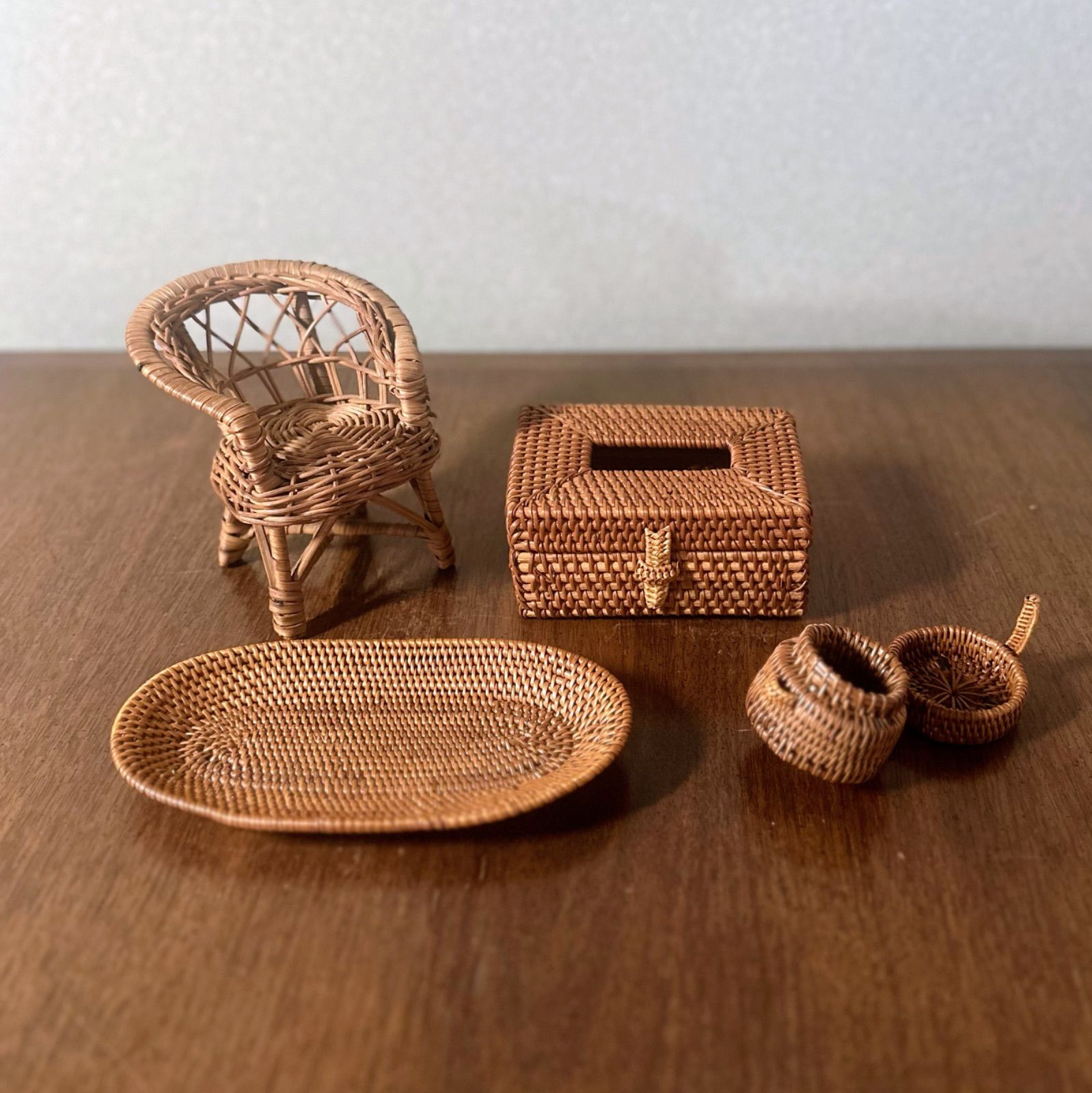 アタ製 アタ素材 ラタン 10点セット まとめて 卓上サイズ 置物 籠 カゴバスケット小物入れ プランター ミニ
