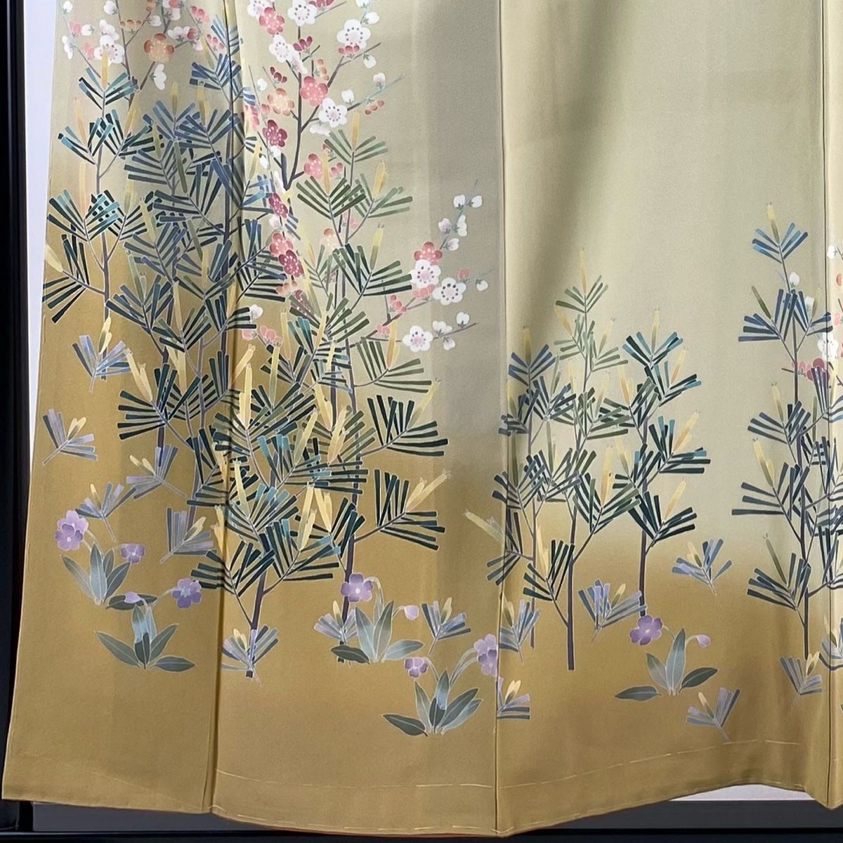 訪問着 身丈156.5cm 裄丈65cm M 袷 岡村蒼風 落款あり 建物 松 ぼかし 染め分け 青灰色 正絹 名品 中古