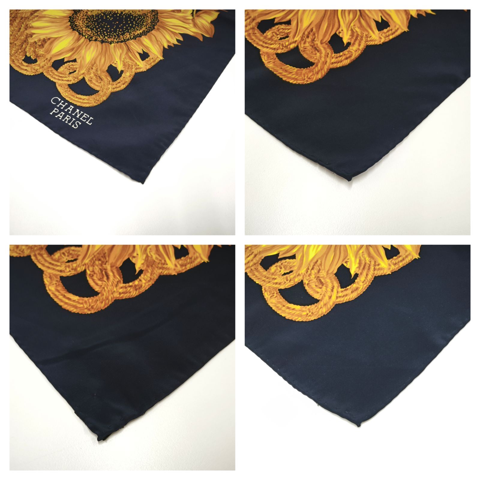 希少　CHANEL シルク100% 向日葵柄スカーフ 良品】CHANEL シャネル 100％ シルク スカーフ ひまわり柄 ロゴ