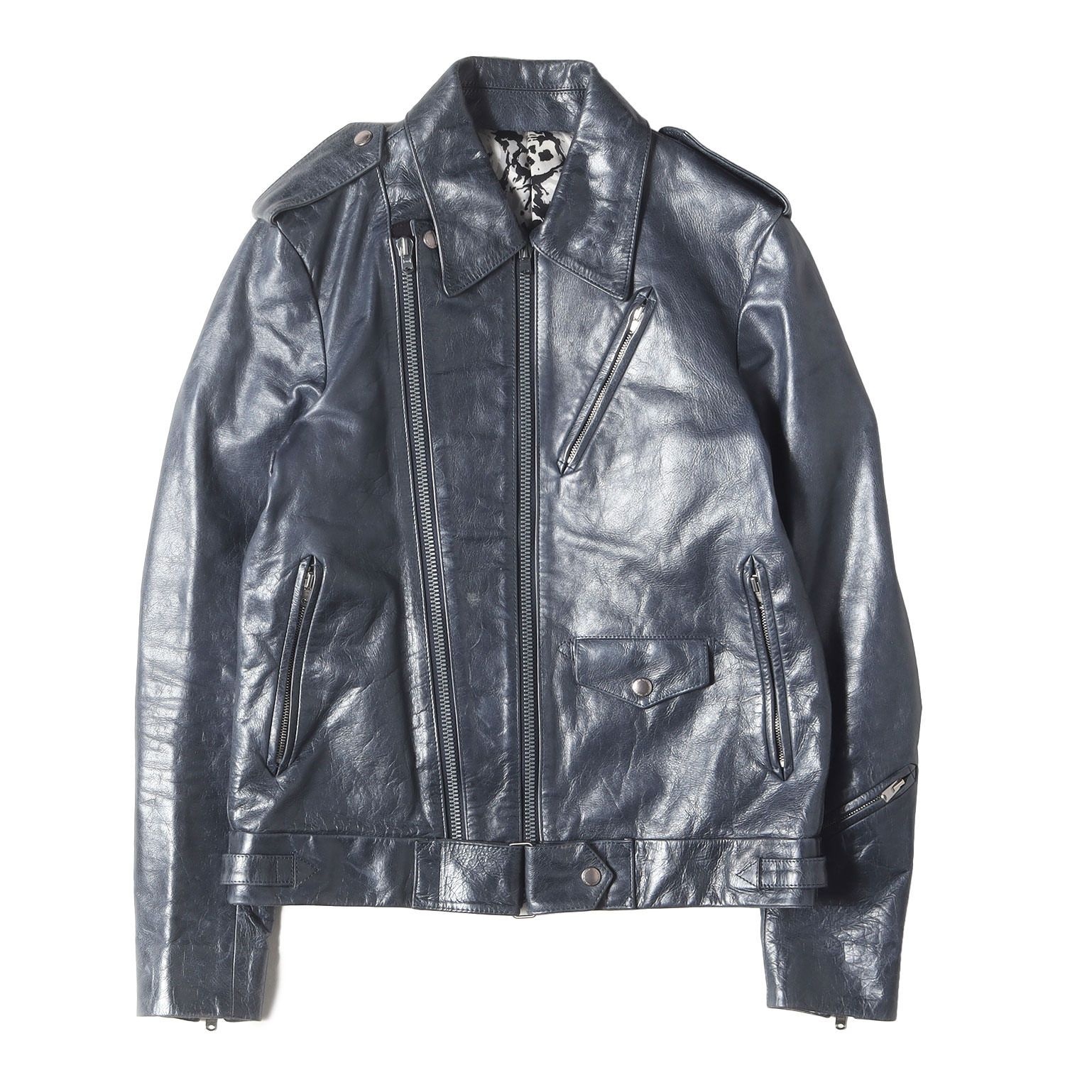 NUMBER N INE ナンバーナイン ジャケット ブルー サイズ 2 01SS タイム期 裏地ドクロ ガンメタリックレザー ライダースジャケット アウター ブルゾン 上着 アーカイブ メンズ