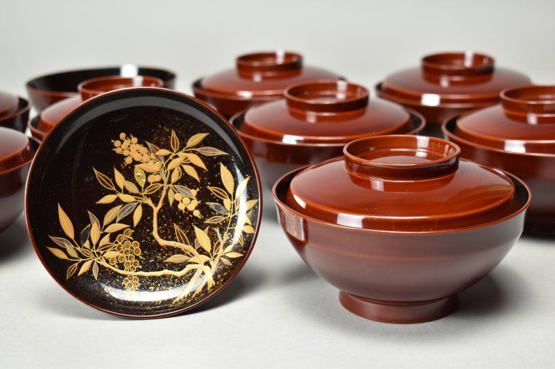 蔵A5590b 木製溜塗 見返蒔絵 吸物椀 汁椀 十客