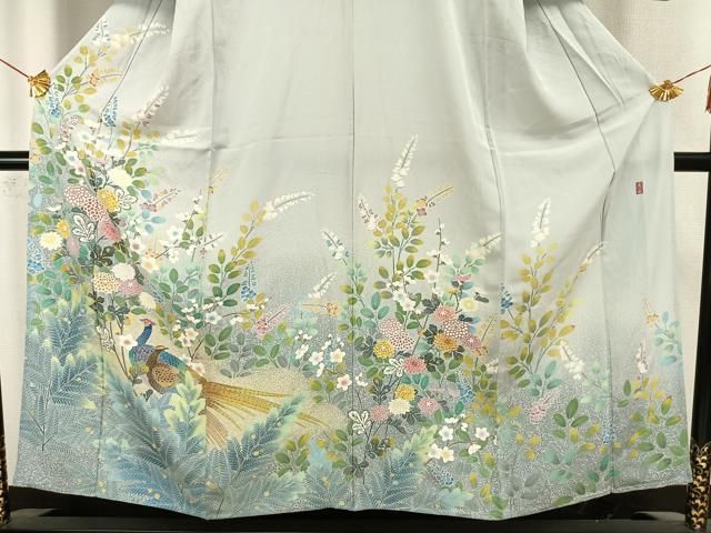 平和屋着物▽訪問着　単衣　友禅　作家物　孔雀草花文　正絹　逸品　AAAW7733fy 平和屋着物▽訪問着 単衣 友禅 作家物 孔雀草花文 正絹 逸品