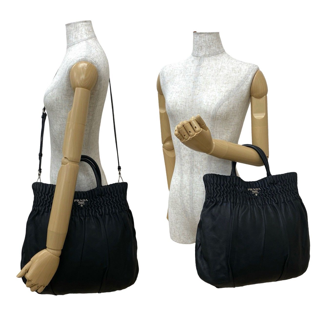 極 美品 PRADA プラダ ロゴ シルバー 金具 ギャザー レザー 本革