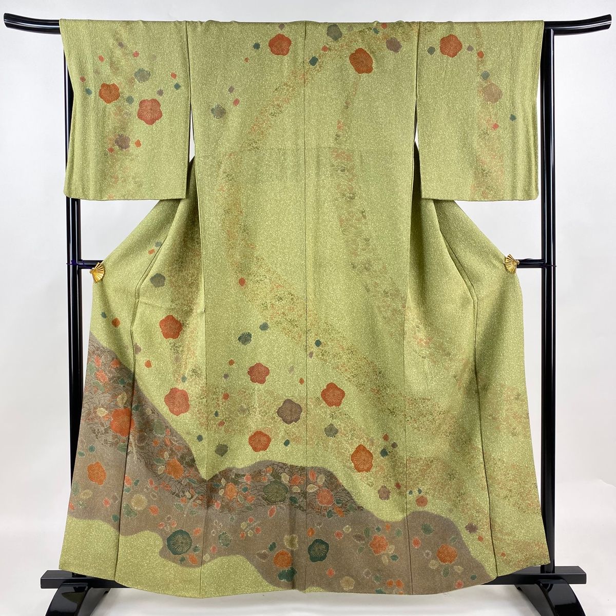 訪問着 身丈162.5cm 裄丈66cm M 袷 梅 秋草 金彩 染め分け 鶯色 正絹 名品