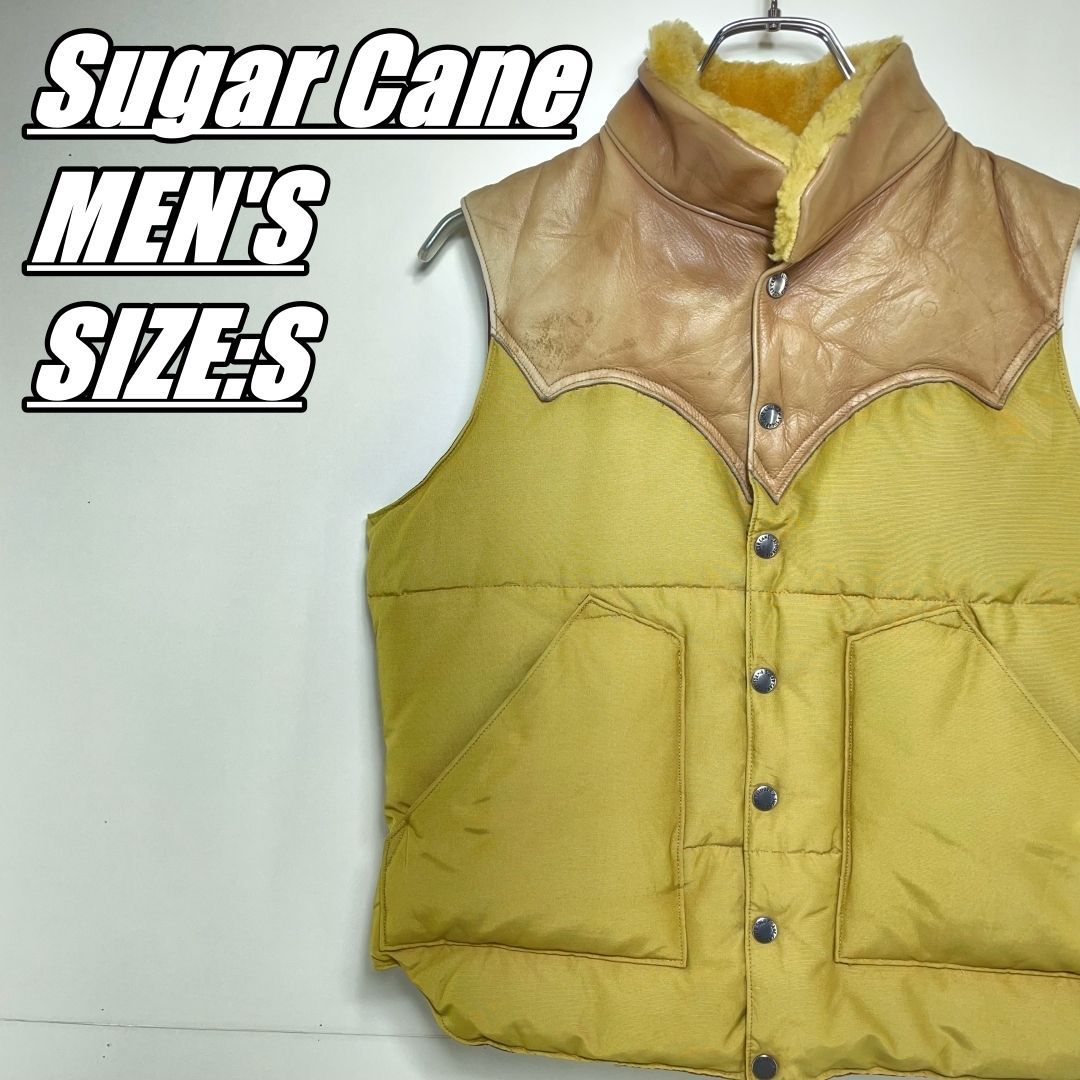 【国内古着･90s】Sugar Cane　シュガーケーン　牛革ダウンベスト　メンズ　サイズ表記S　マスタード×ベージュ