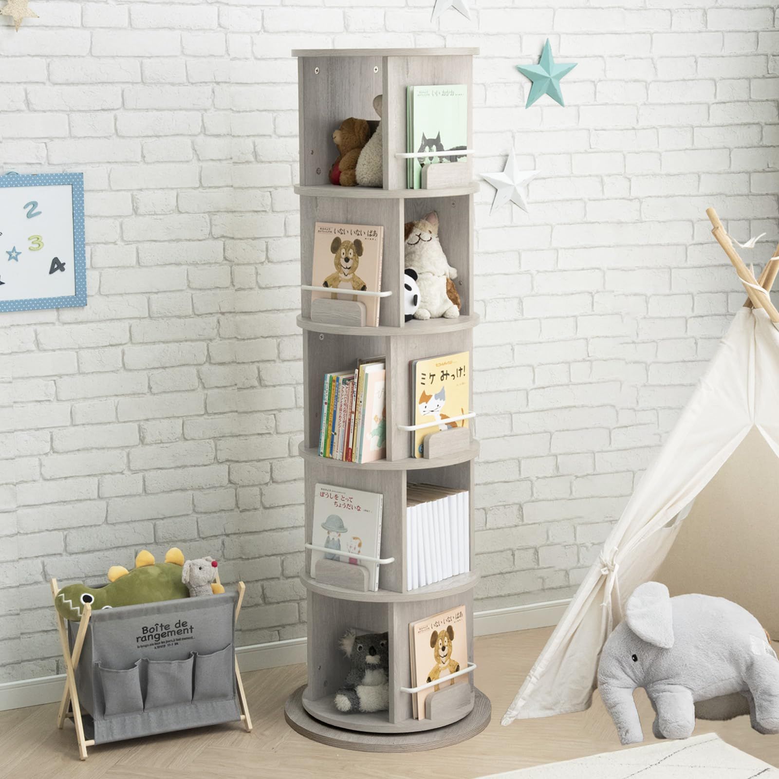 絵本棚 本棚 収納ラック 回転 子供用 木製 スリム シンプル 5段 デザイン 回転式 絵本ラック 49600275(100471) タンスのゲン