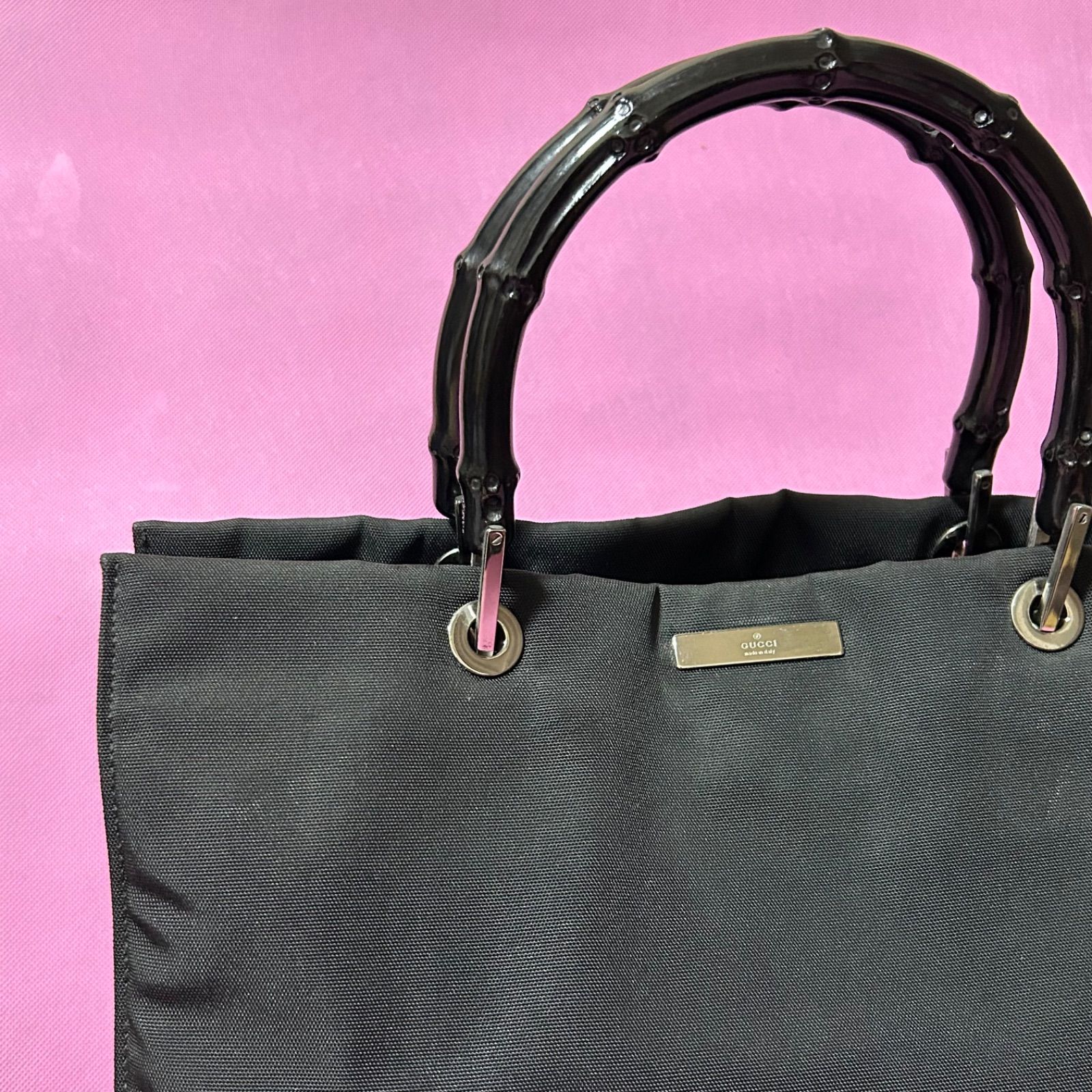 美品 グッチ Gucci ナイロン ハンドバッグ バンブー ブラック - メルカリ