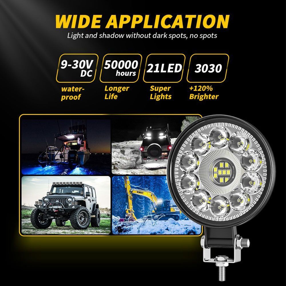 送料無料.. 21W 広角タイプ 3インチ LED 作業灯 ワークライト 6500K ホワイト 2100LM 12V/24 SUV UTV ATV ボート 建築機械 工事現場 4個