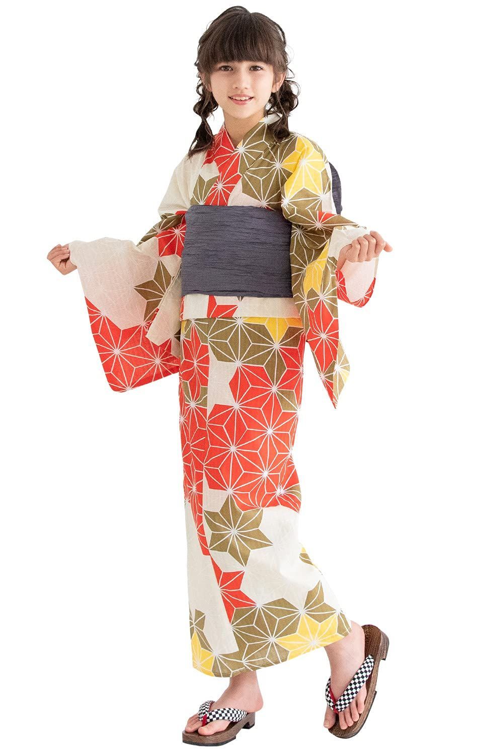 Size:150cm_Color:8-変り麻の葉(しわ作り帯 チャコール) [KYOETSU] [キョウエツ] 浴衣セット ジュニア レトロ 変わり織 3点セット(浴衣、作り帯、下駄) ガールズ (150cm， 8-変り麻の葉(しわ作り帯 チャ