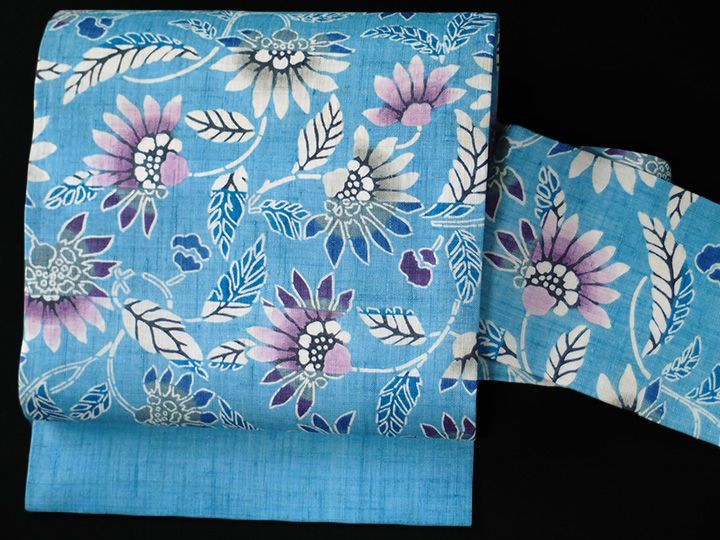 夏帯 名古屋帯 本大麻帯 和染紅型 栗山吉三郎 本麻 横段 菊 空色 九寸