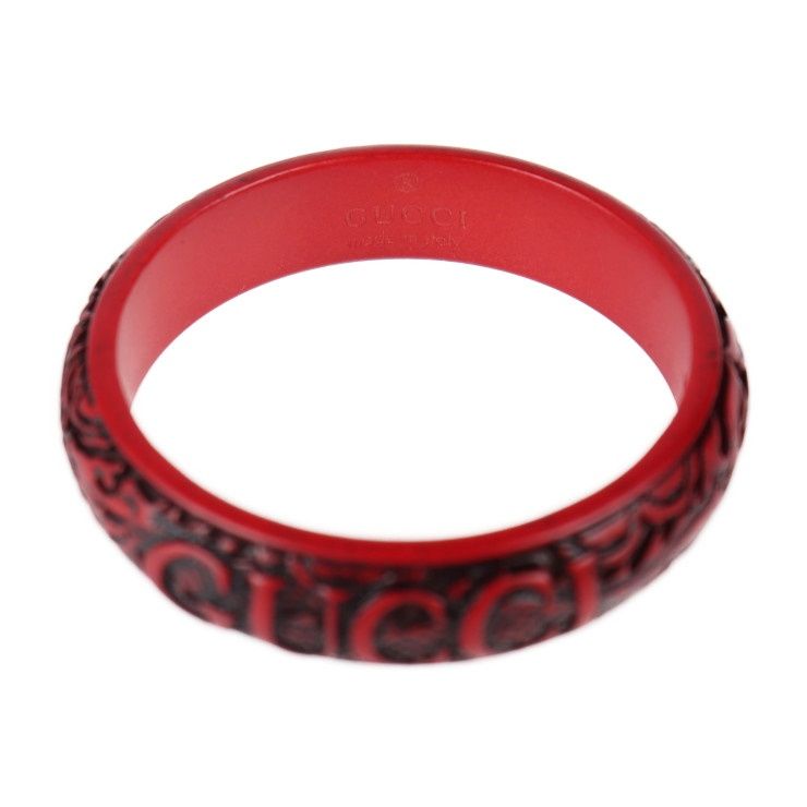 GUCCI グッチ バングル ウッド 赤系 ロゴ＆ドラゴン エングレーブ